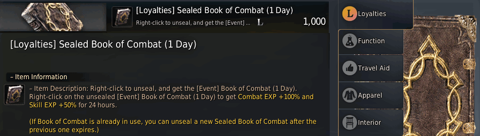 BDO Leveling Buff from Sealed Book of Combat